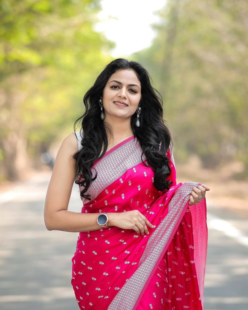 Pink Color Floral Woven Saree with Contrast Border