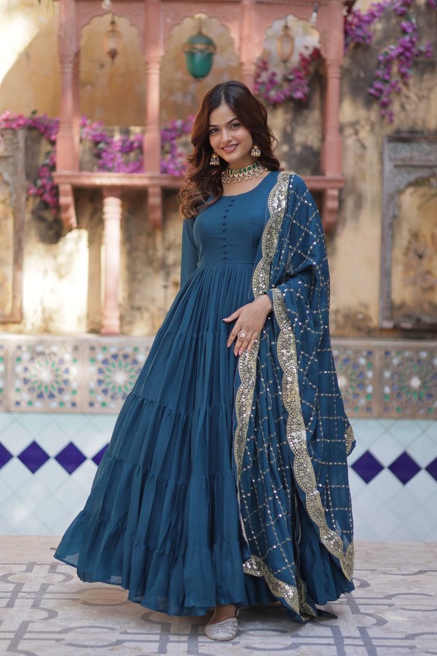 Rama Georgette Embroidered Flared Anarkali Gown Set