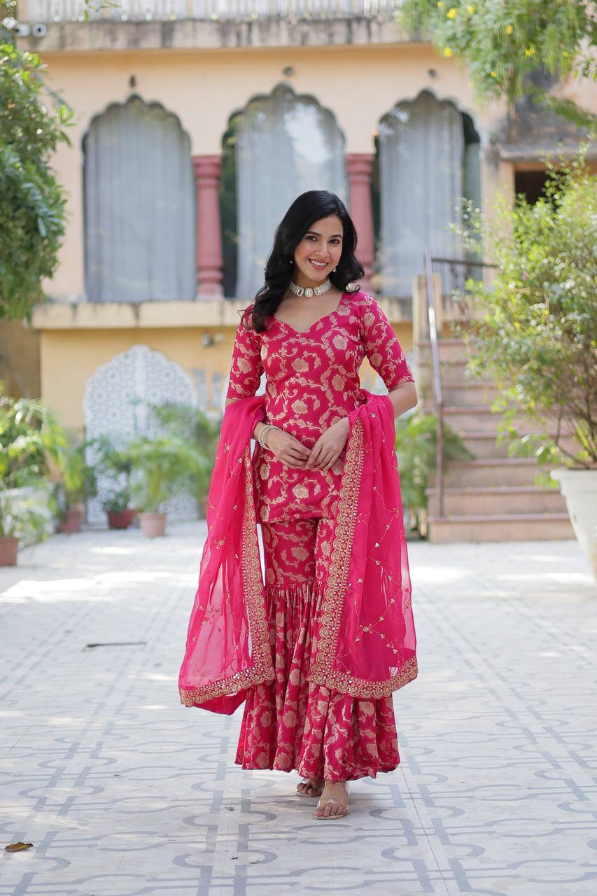 Premium Rani Pink Jacquard Silk Sharara-Gharara Suit
