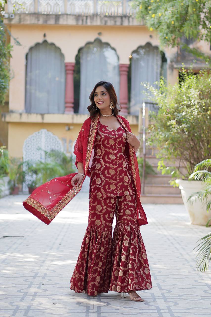Premium Maroon Jacquard Silk Sharara-Gharara Suit