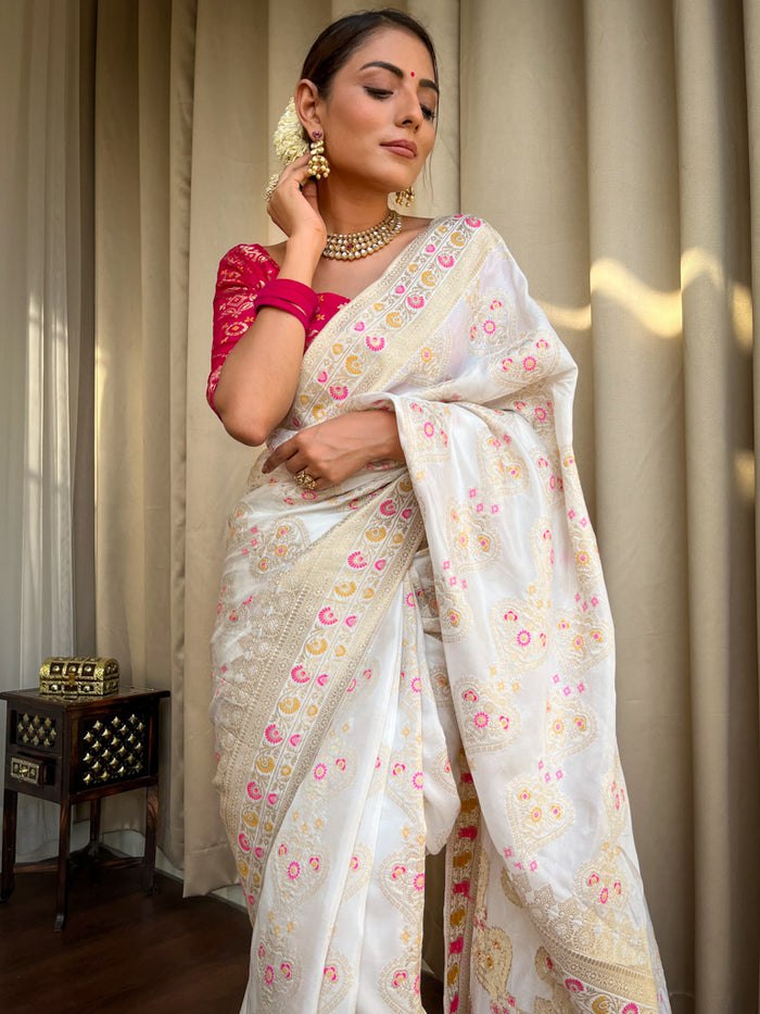 White Floral Woven Banarasi Saree with Contrast Border