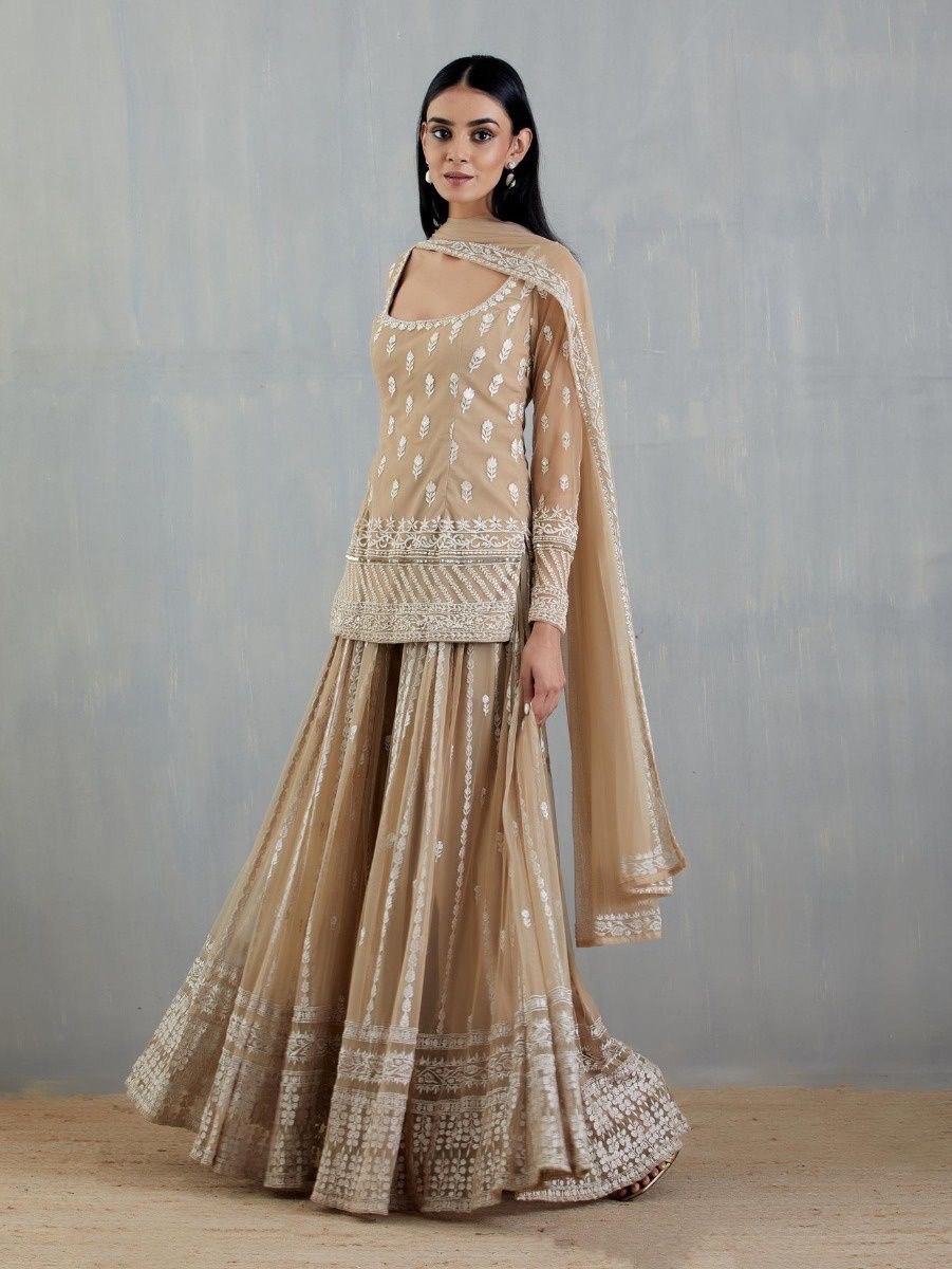 Beige & Cream Net Sharara Set