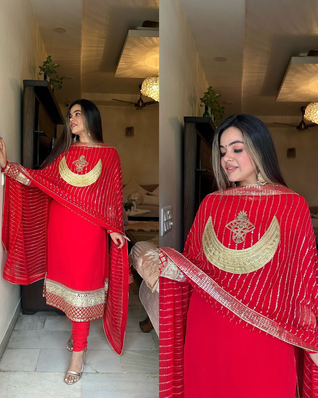 Party-wear Red Georgette Thread With Sequence Work Dress