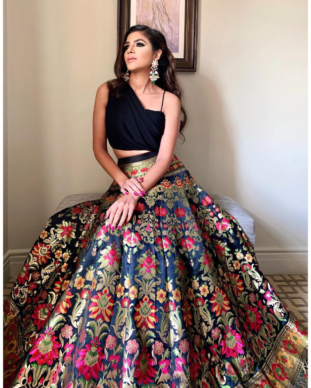 Impressive Black Banarasi Indo-Western Crop Top Lehenga
