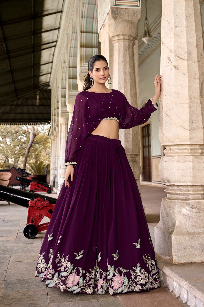 Beautiful Purple Embroidered Georgette Haldi Wear Crop Top Lehenga