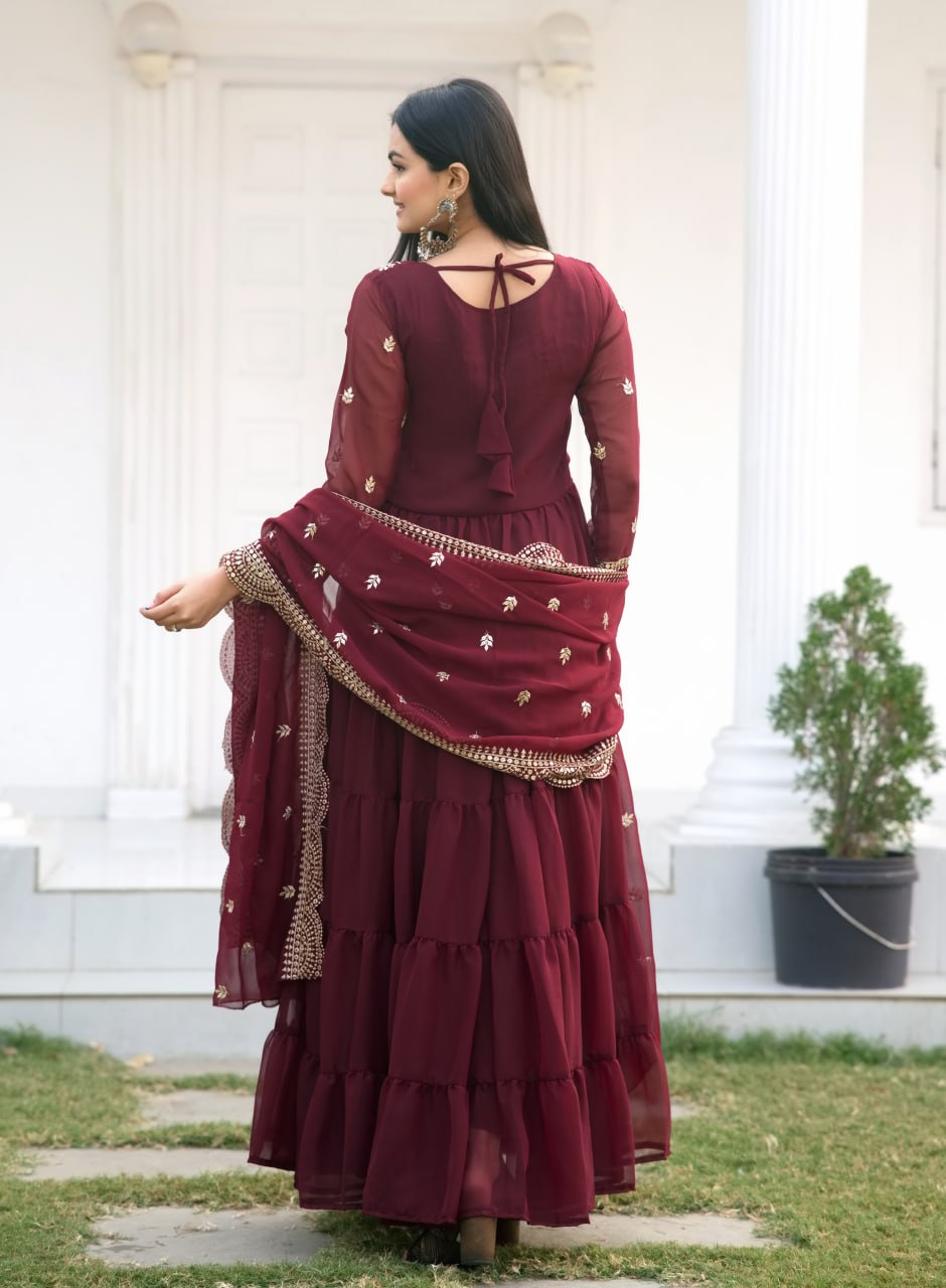Sequence Embroidery Work Georgette Maroon Gown