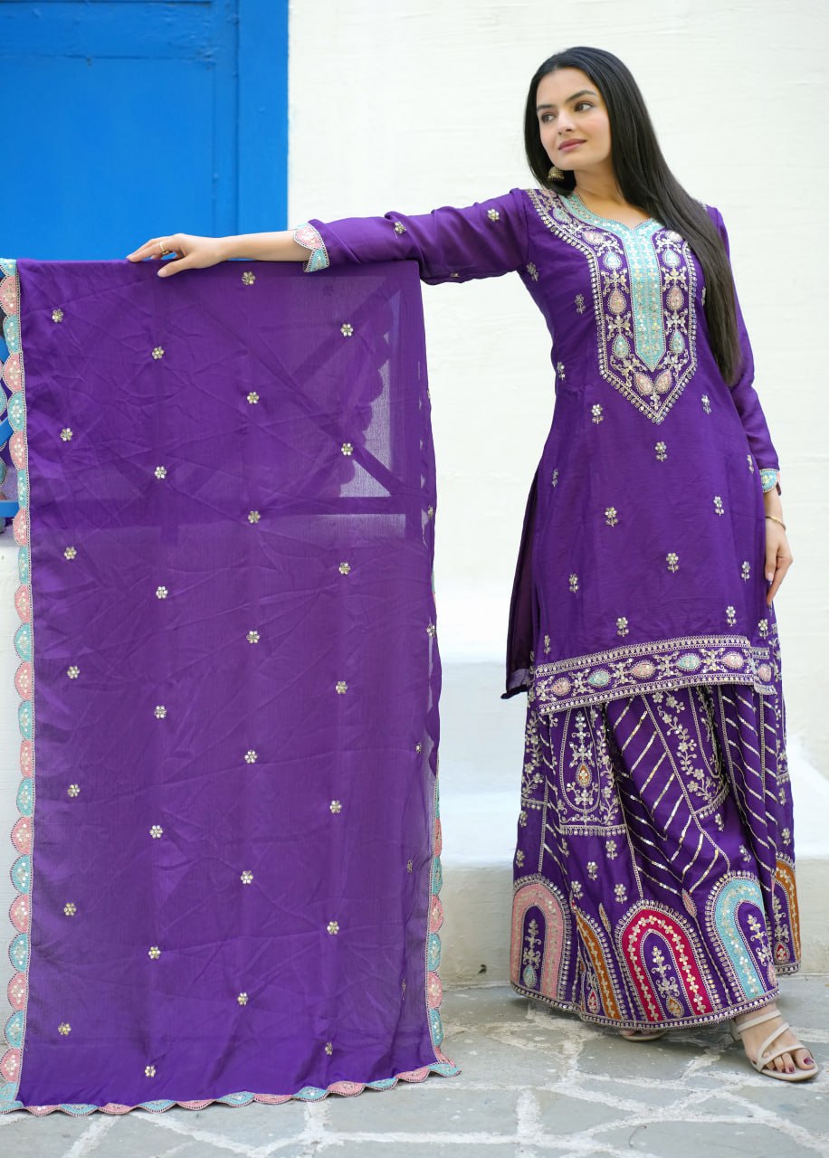Purple Designer Embroidered Chinon Suit With Sequence Work