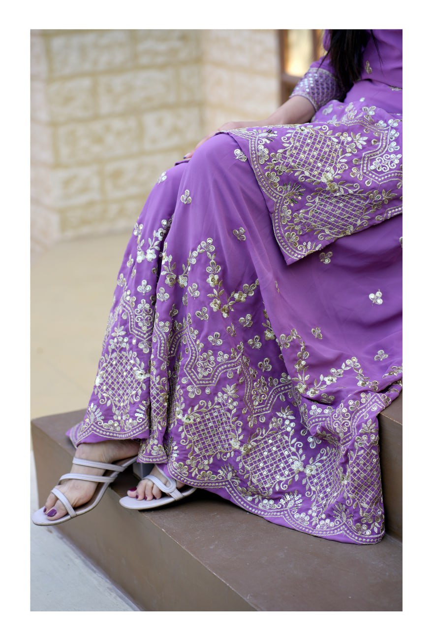 Lavender Sequence Embroidery Work Designer Sharara Suit