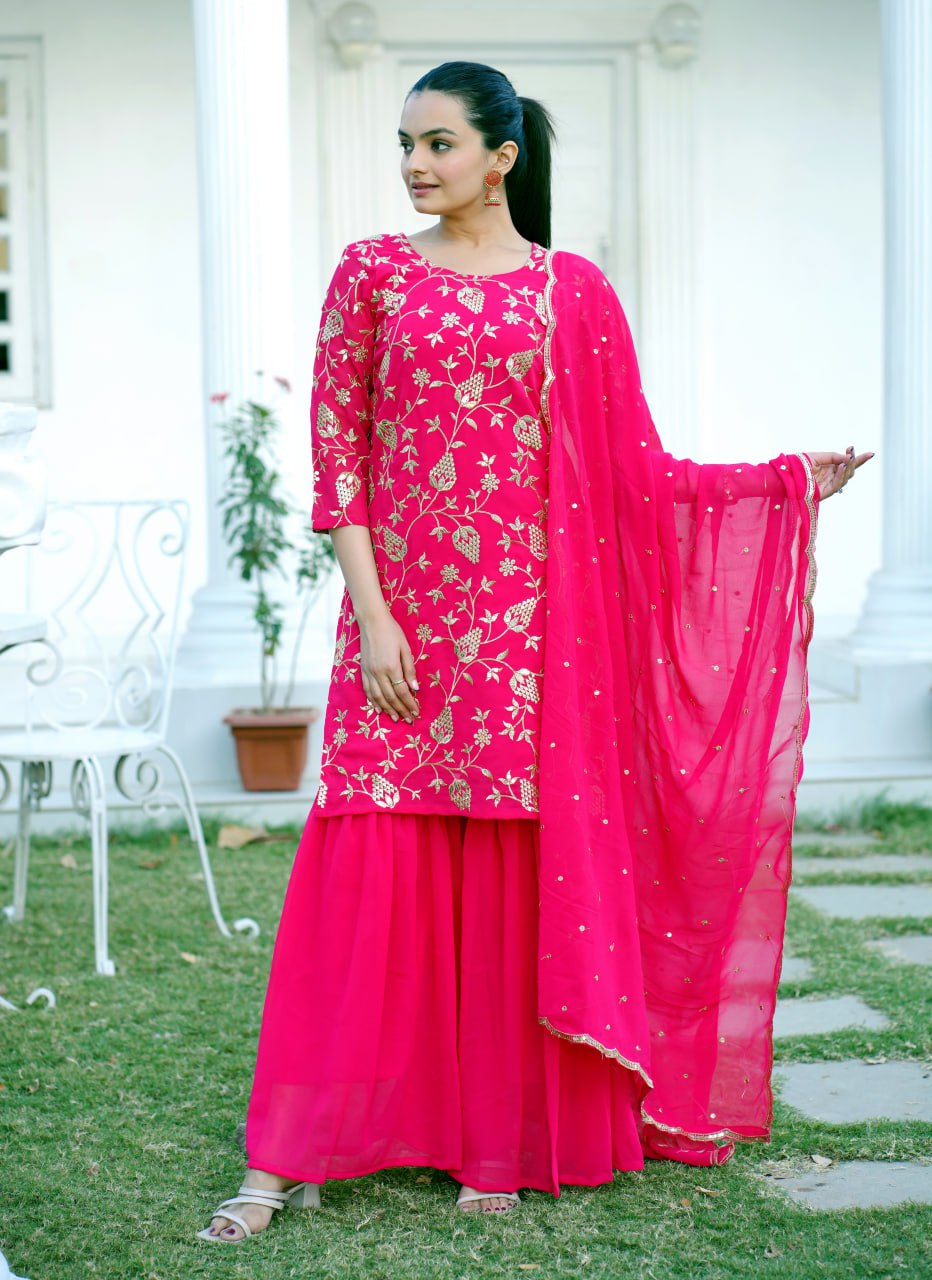 Floral Embroidered Regular Sequinned Kurta with Sharara & Dupatta