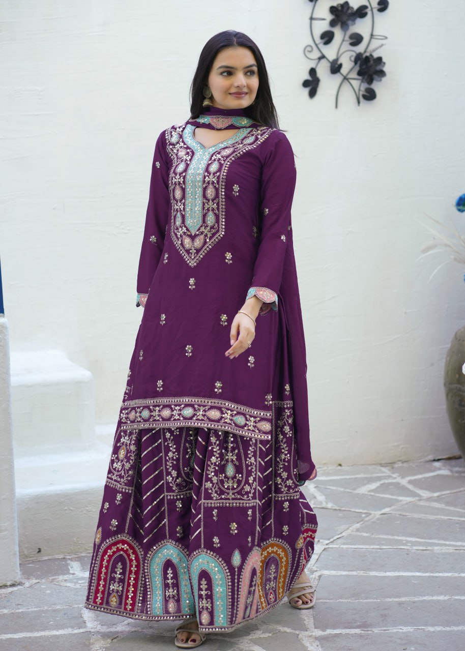 Wine Designer Embroidered Chinon Suit With Sequence Work