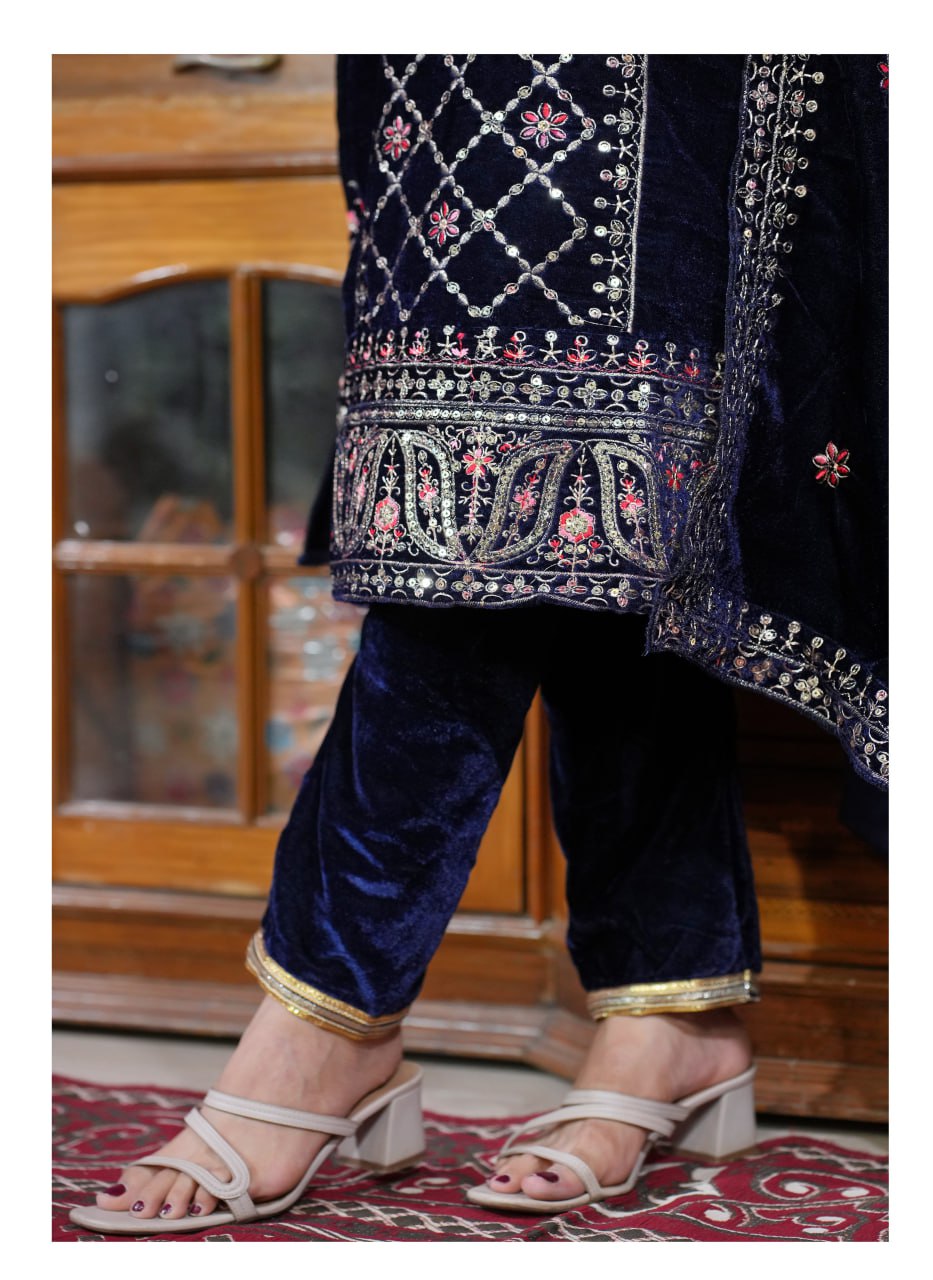 Navy Blue Velvet Readymade Pant Style Suit