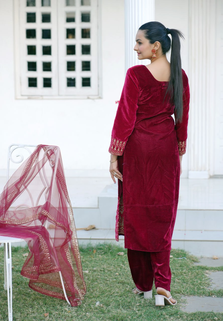 Velvet Salwar Suit In Maroon