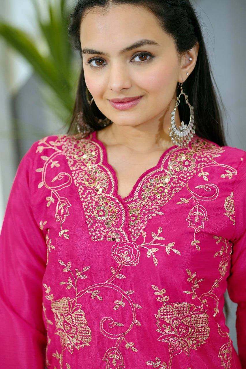 Pink Embroidered Straight Kurta Set
