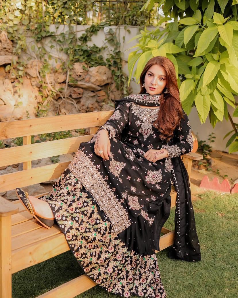 Exquisite Black Georgette Long Kurti with Embroidered Sharara & Dupatta