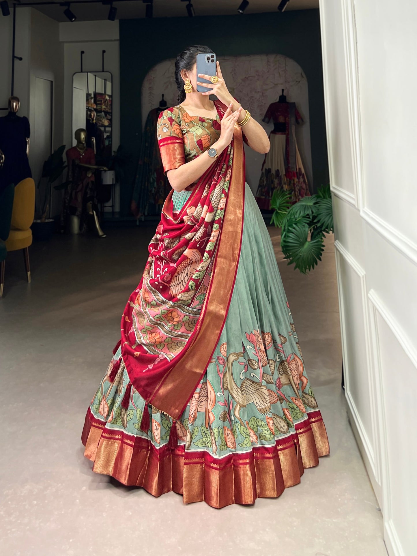 Pure-dola Weaving Lehenga Choli In Sky Green Colour