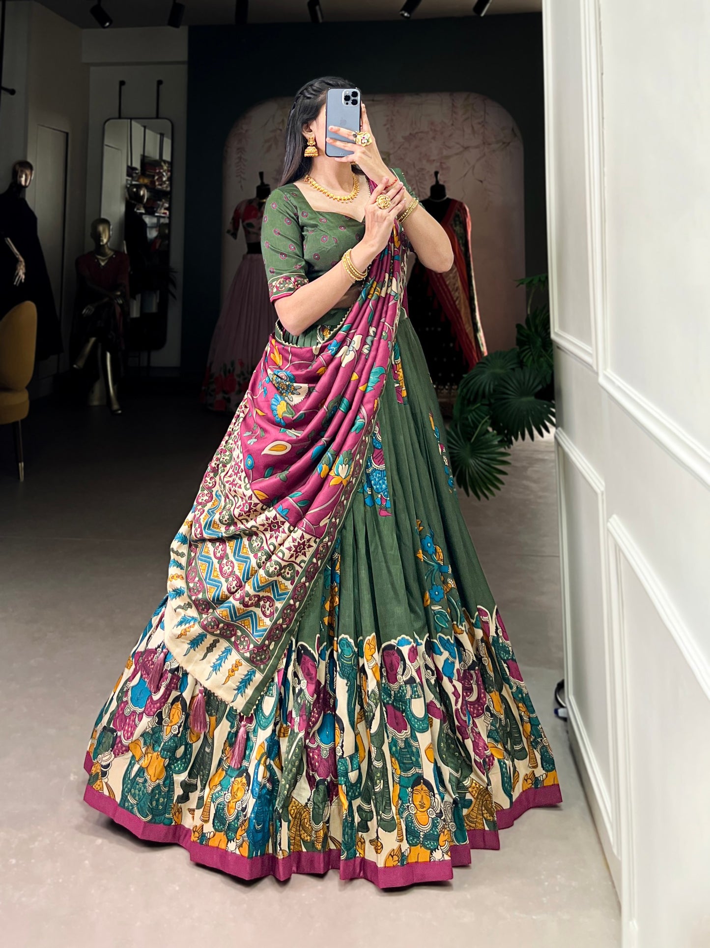 Mehendi Green Tussar Silk Kalamkari Lehenga Set with Zari Weaving Border
