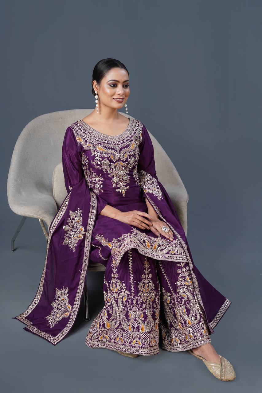 Purple Color Top Palazzo Suit With Dupatta in Chinon With Sequence Embroidery
