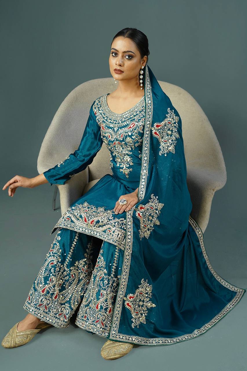 Firozi Color Top Palazzo Suit With Dupatta in Chinon With Sequence Embroidery