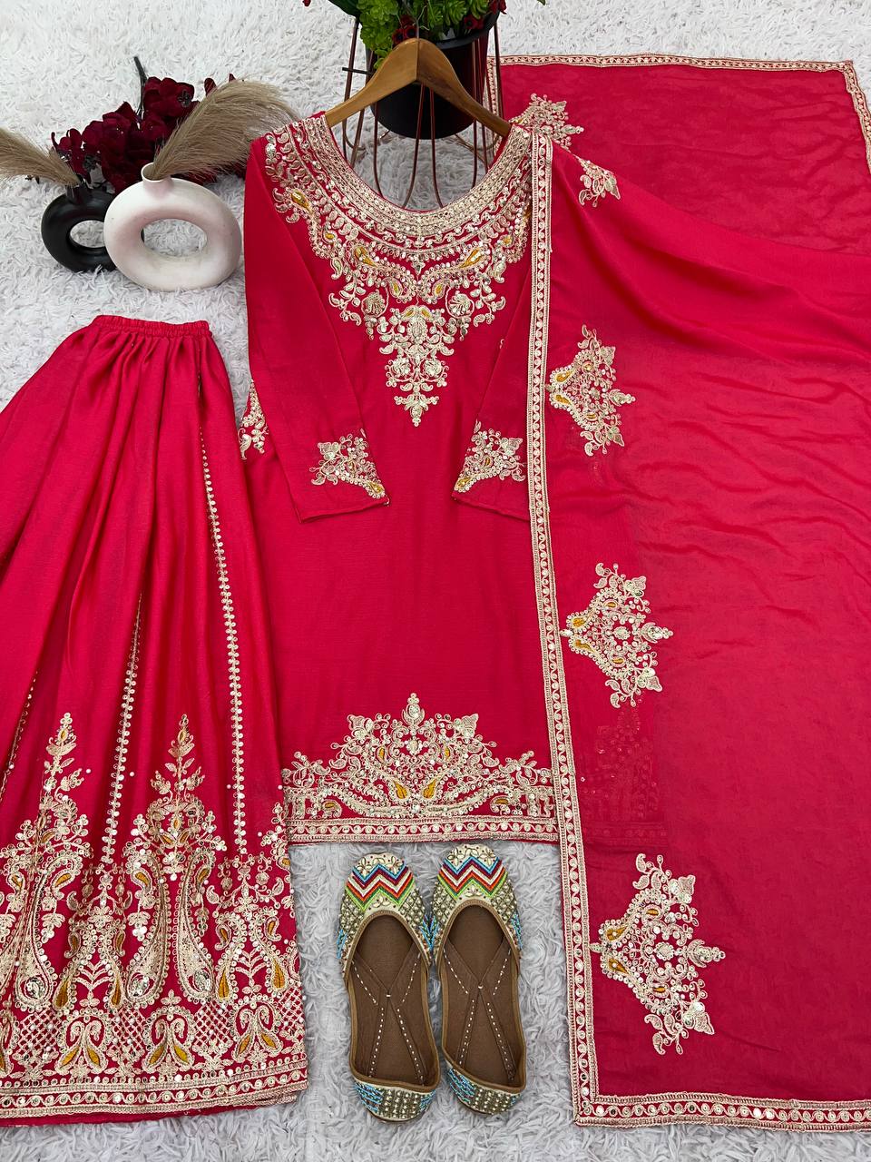 Pink Color Top Palazzo Suit With Dupatta in Chinon With Sequence Embroidery