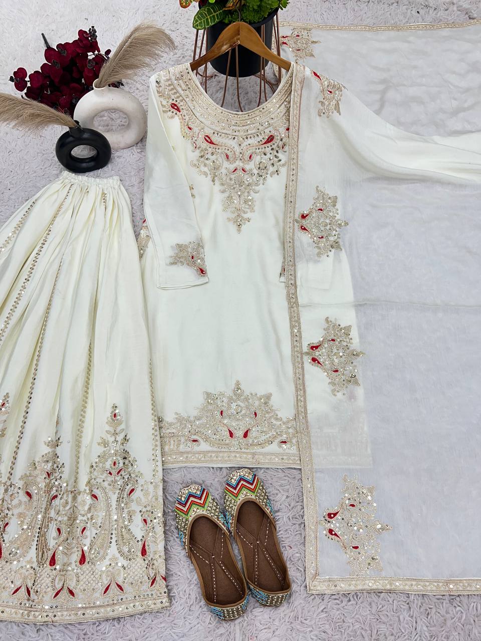 White Color Top Palazzo Suit With Dupatta in Chinon With Sequence Embroidery