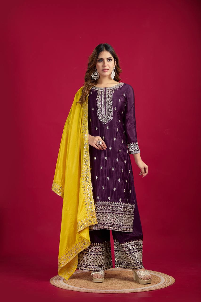 Wine-Yellow Chinnon Silk Embroidered Top-Bottom And Dupatta Set Fully Stitched Ready To Wear