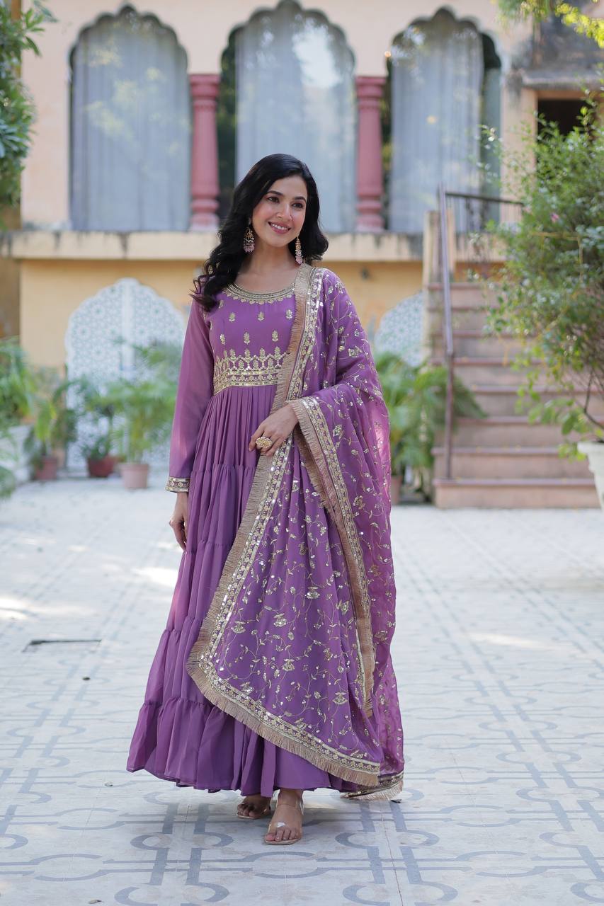 Purple Readymade Anarkali Suit In Ruffle Style