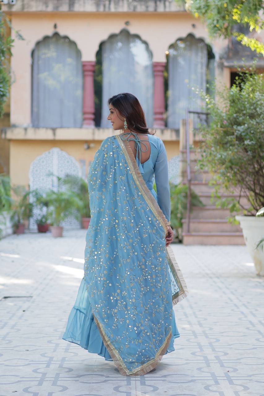 Sky Blue Georgette Readymade Suit With Dupatta