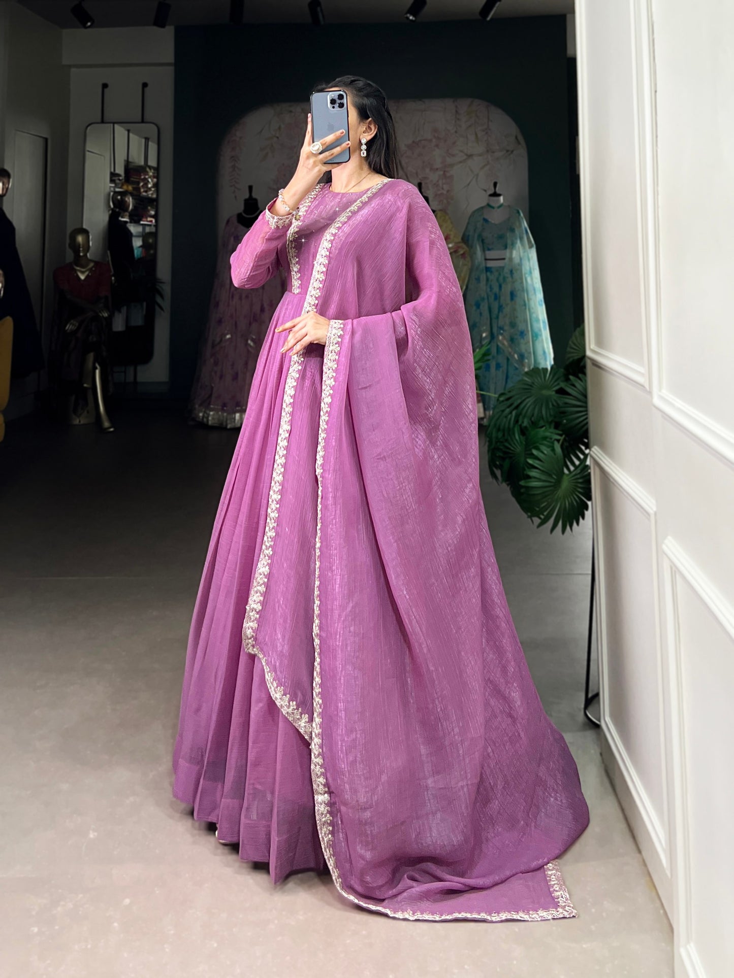 Lavender Radiant Silver Glory Shimmer Gown with Sequins & Embroidery Work Dupatta