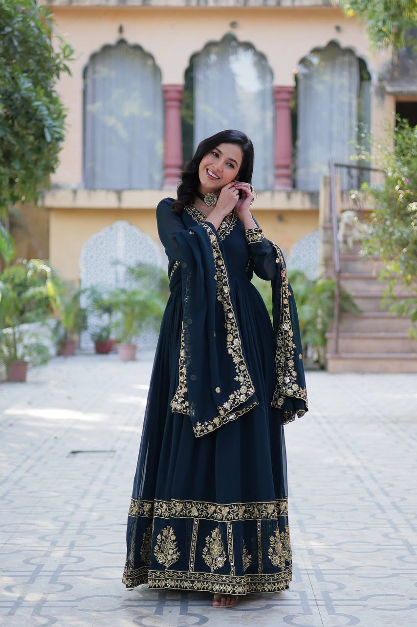 Rama Elegant Faux Blooming Embroidered Gown with Dupatta