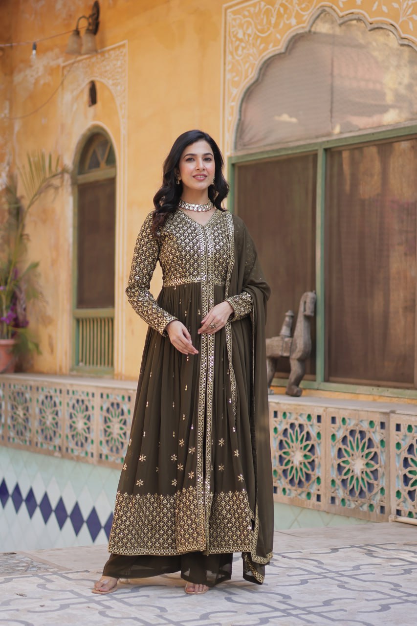 Designer Mehndi Color Three Piece Suit Set