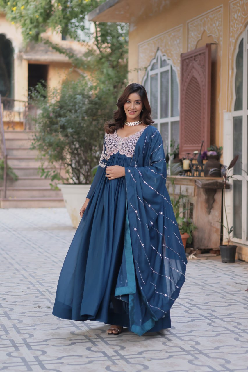 Attractive Blue Sequins Georgette Anarkali Gown With Dupatta