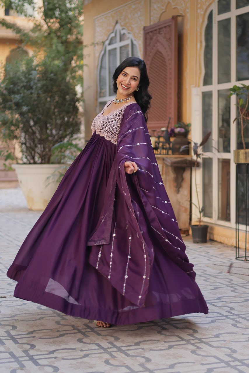 Adorable Wine Sequins Georgette Festival Wear Anarkali Gown