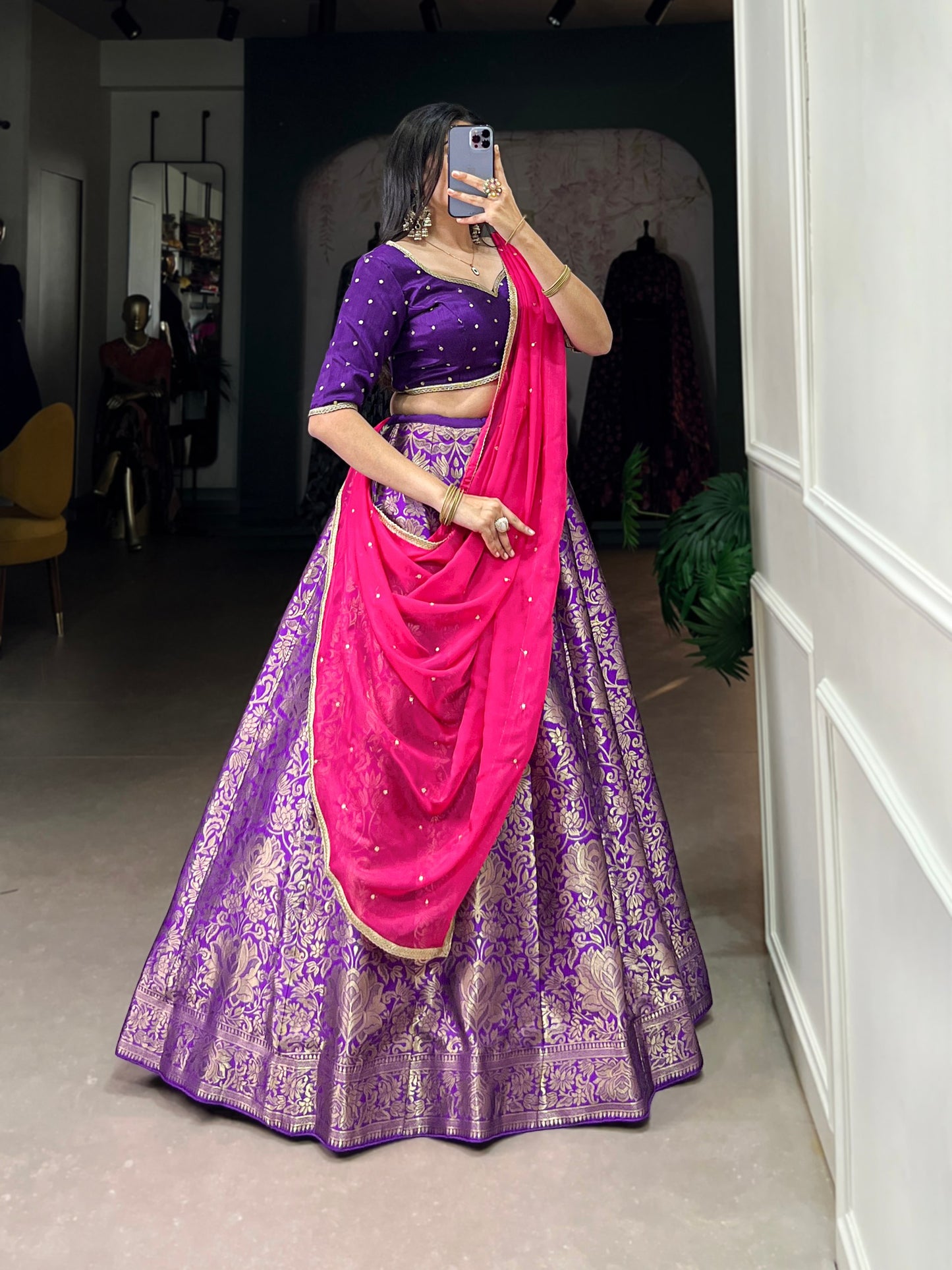 Jacquard Silk Zari Weaving Work South Indian Style Lehenga Set In Purple