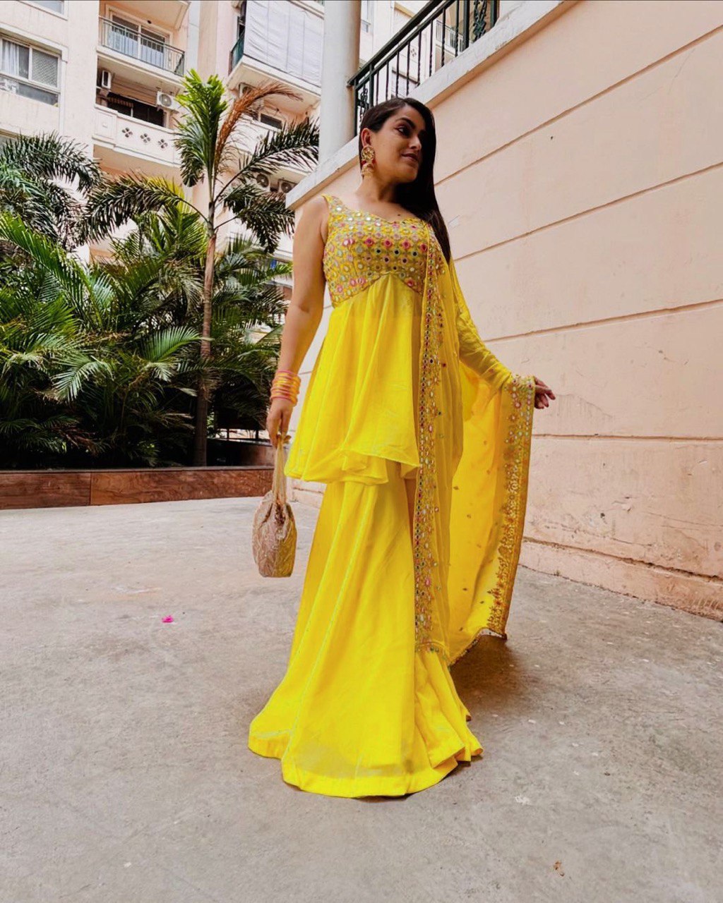 Designer Yellow Faux Georgette Plazo Set with 9mm Sequins Work – Festive & Partywear Outfit
