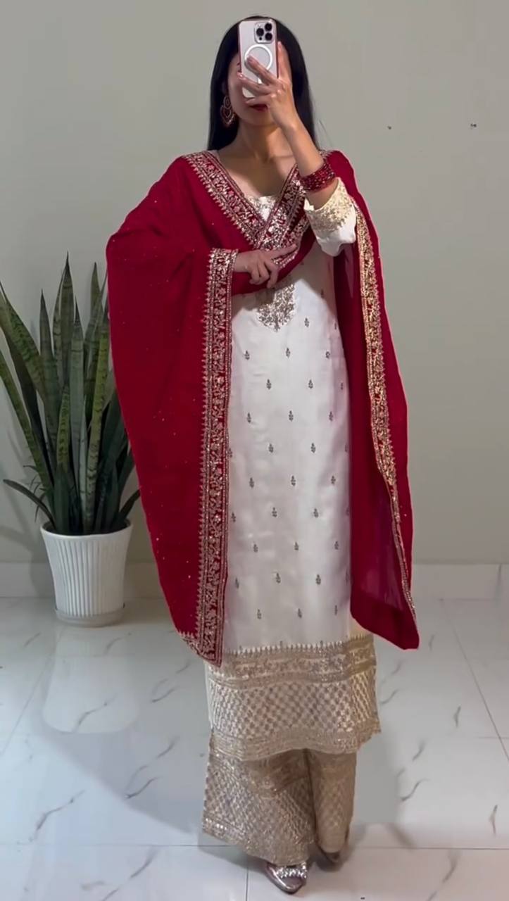 White Chinnon Silk Embroidered Top-Bottom And Dupatta Set Fully Stitched Ready To Wear