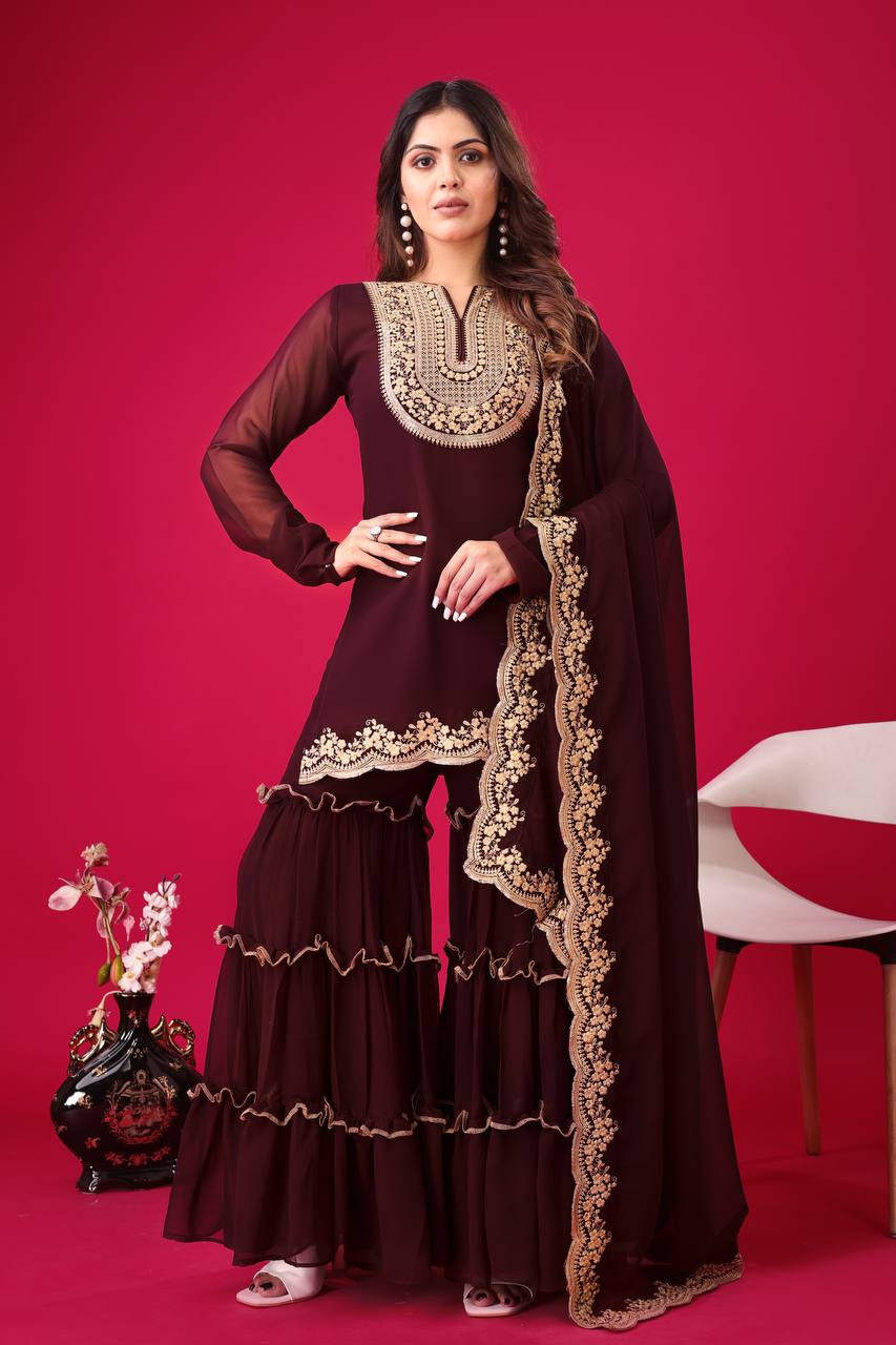 Rich Maroon Blooming Faux Georgette Embroidered Suit with Sequence & Thread Work – Fully Stitched