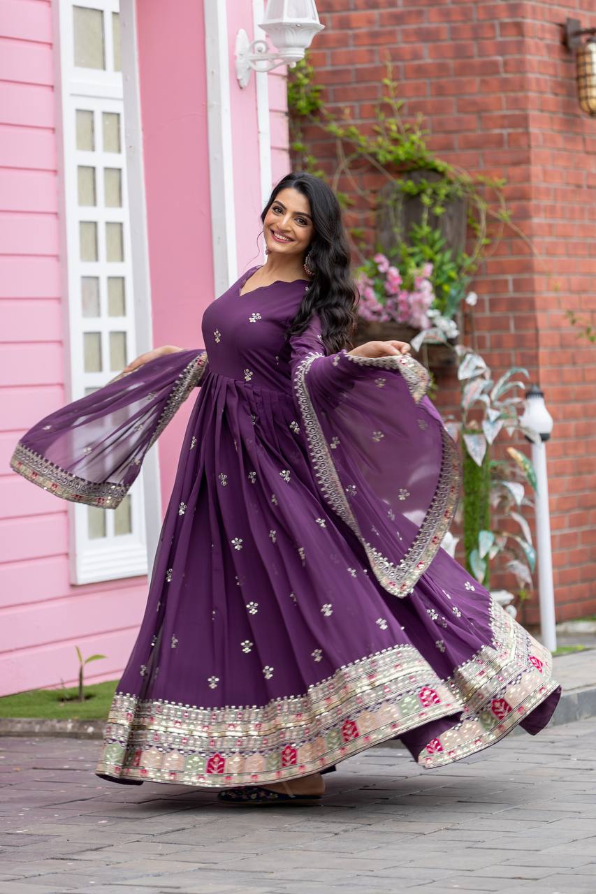 Light Purple Faux Georgette Embroidered Gown with Heavy Sequence Work and Dupatta | Fully Stitched Designer Ethnic Wear