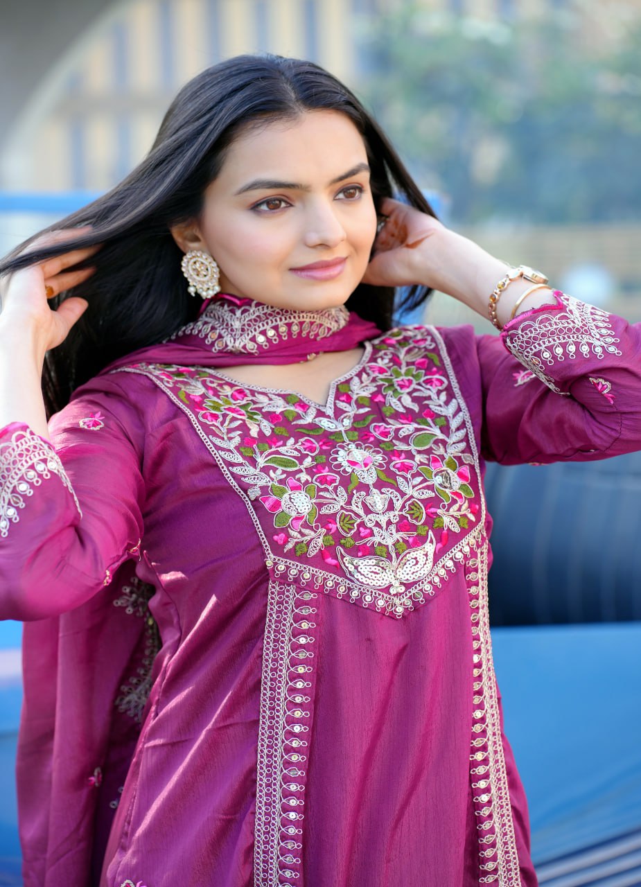 Elegant Purple Chinon Embroidered Gown Set with Coding Sequence Work & Dupatta
