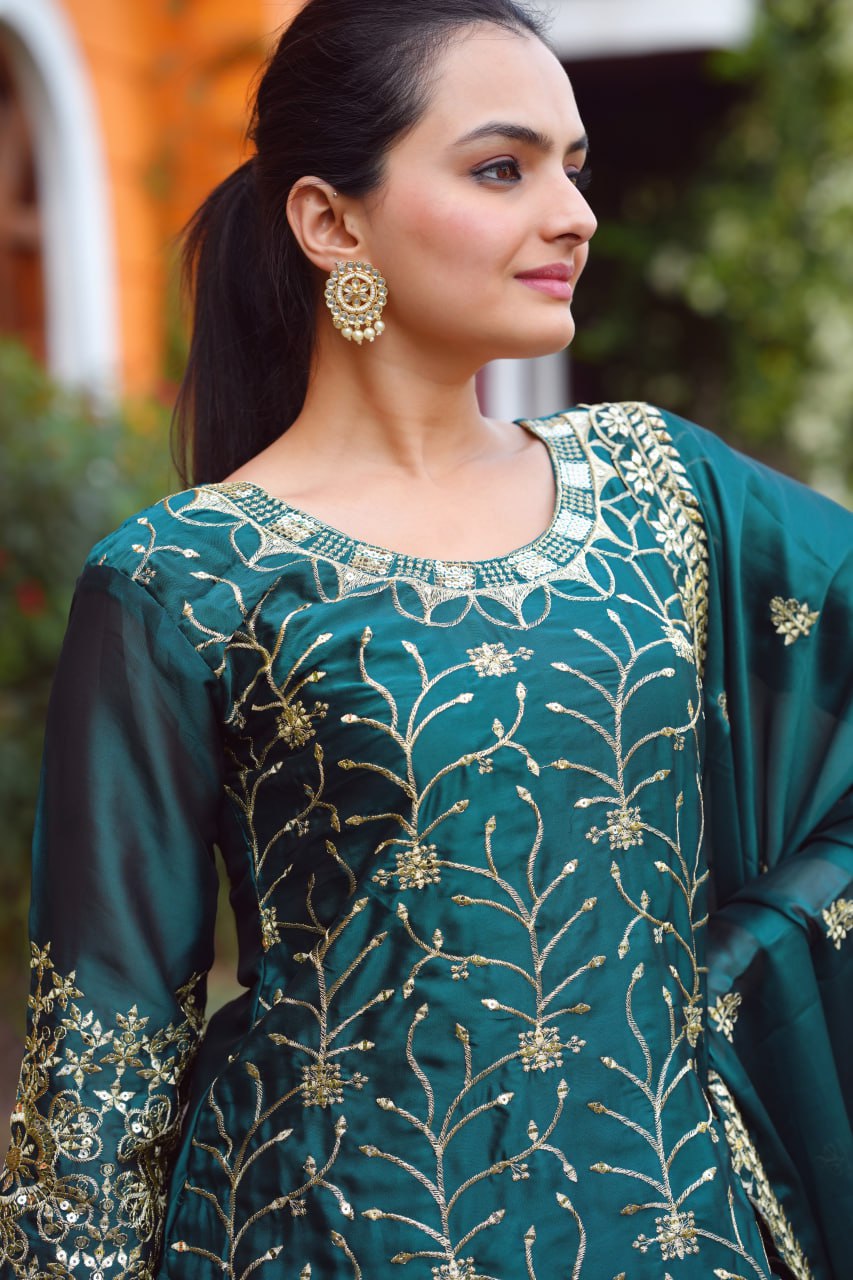 Emerald Green Rangoli Lehenga Suit with Embroidery Sequence Work | Elegant Festive Wear