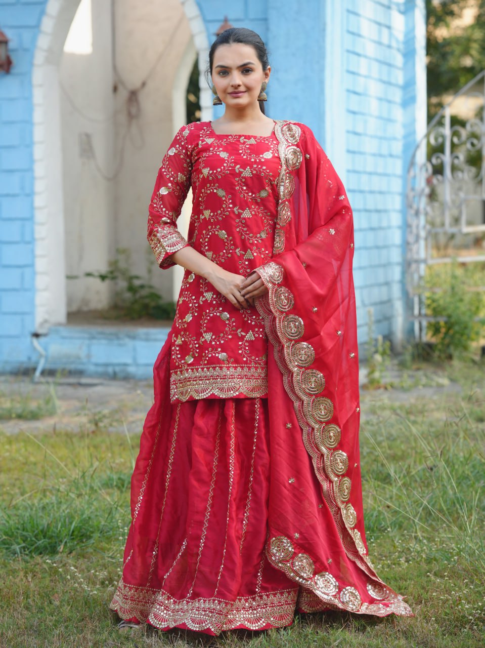 Red Rangoli Lehenga Suit with Embroidery Sequence Work | Elegant Festive Wear