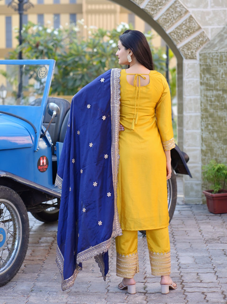 Mustard Yellow Chinon Suit with Heavy Embroidery & Navy Blue Dupatta | Elegant Festive Wear
