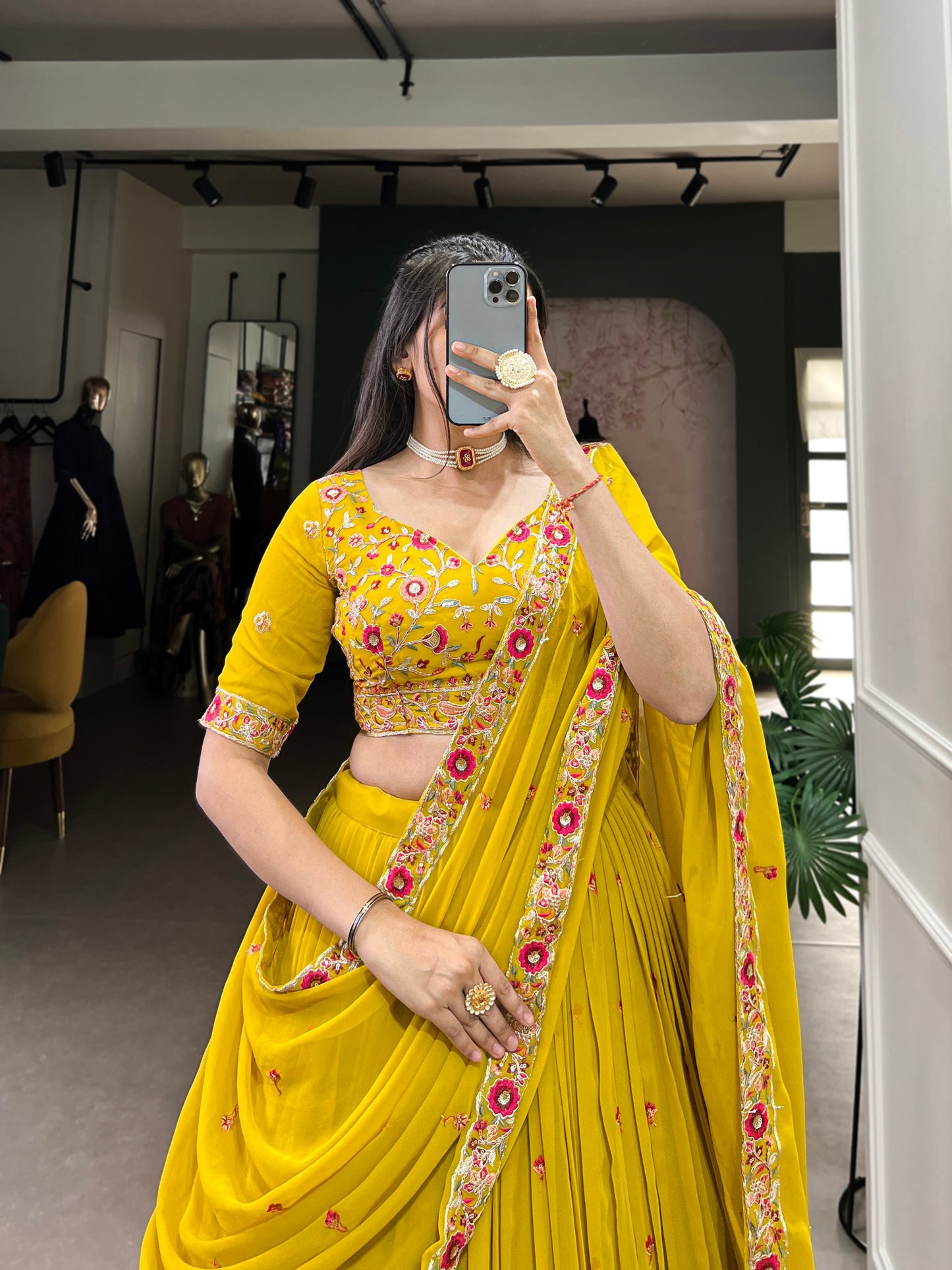 Mustard Yellow Embroidered Georgette Lehenga Set | Elegant Bridal & Festive Wear