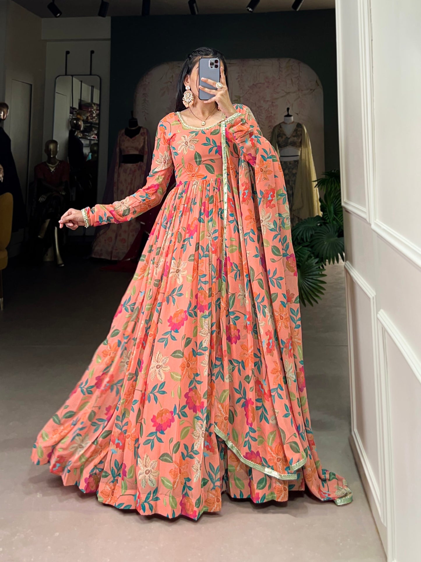 Peach Floral Print Georgette Gown Set | Elegant Festive & Party Wear
