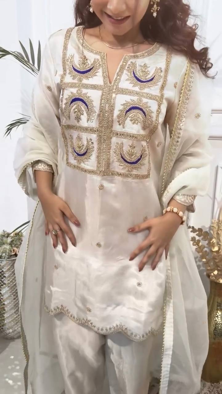 Graceful Off-White Vichitra Silk Suit Set | Festive & Wedding Wear