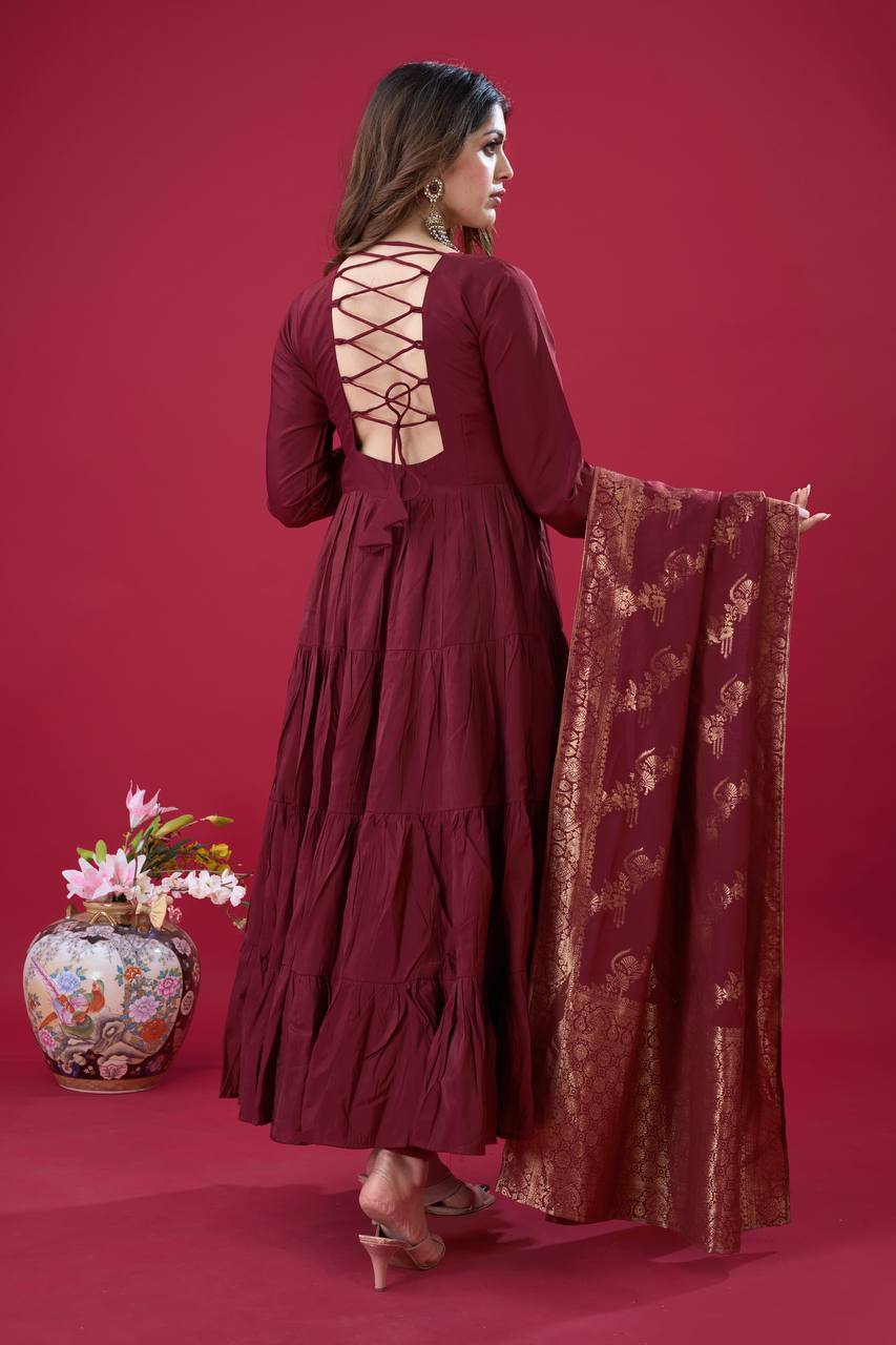 Elegant Maroon Roman Silk Gown Set | Festive & Wedding Wear