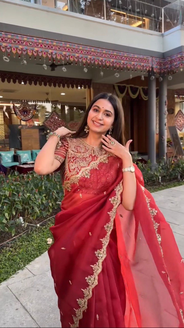 Designer Organza Silk Red Saree with Thread & Sequence Work