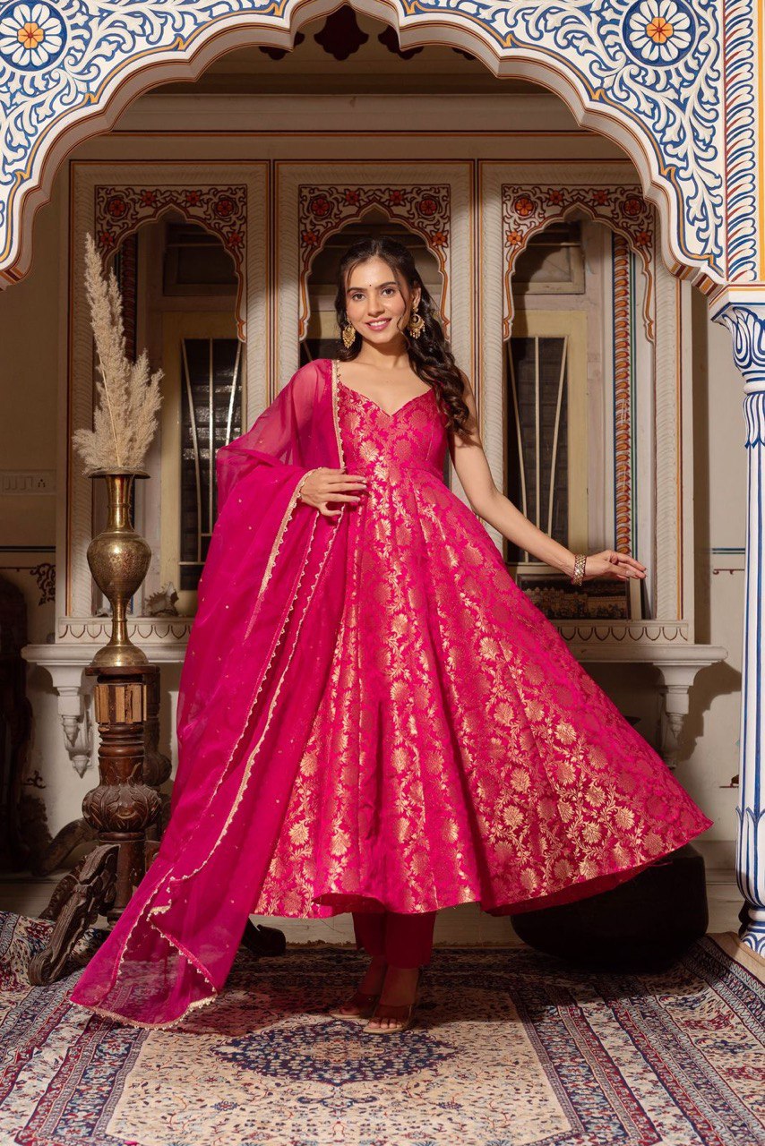 Radiant Pink Jacquard Silk Anarkali Set | Festive & Wedding Wear