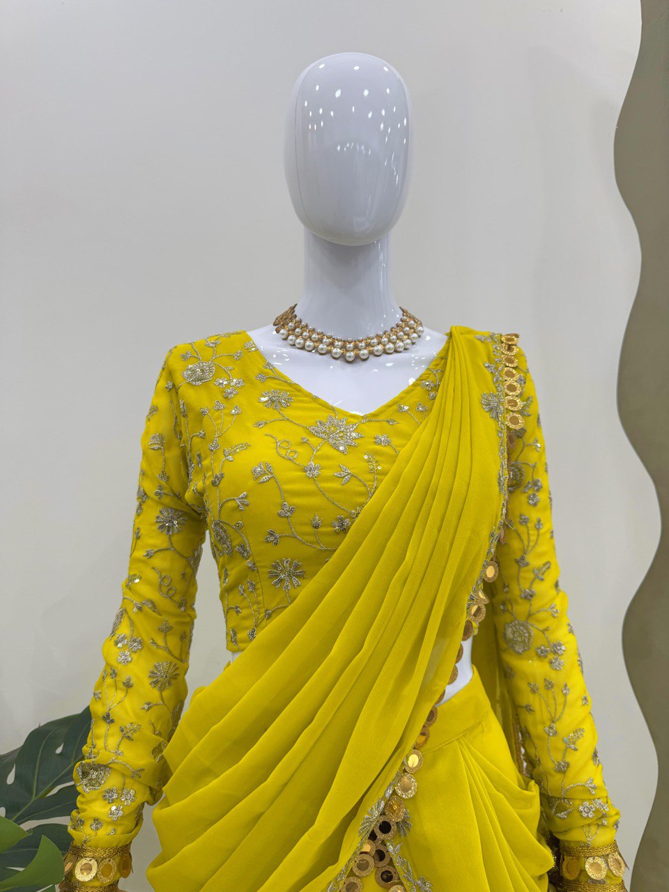 Lime Green Faux Georgette Lehenga Saree Set | Elegant Party & Festive Wear