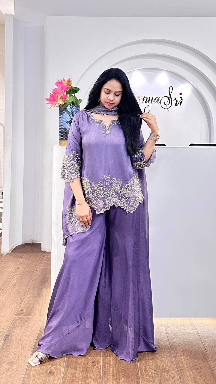 Embroidered Faux Georgette Purple Co-Ord Set with Plazzo and Dupatta – Ready-to-Wear Indian Ethnic Outfit for Women