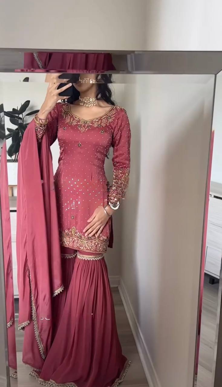 Gold Crush Embroidered Co-Ord Set with Plazzo and Dupatta – Ready-to-Wear Ethnic Outfit for Women